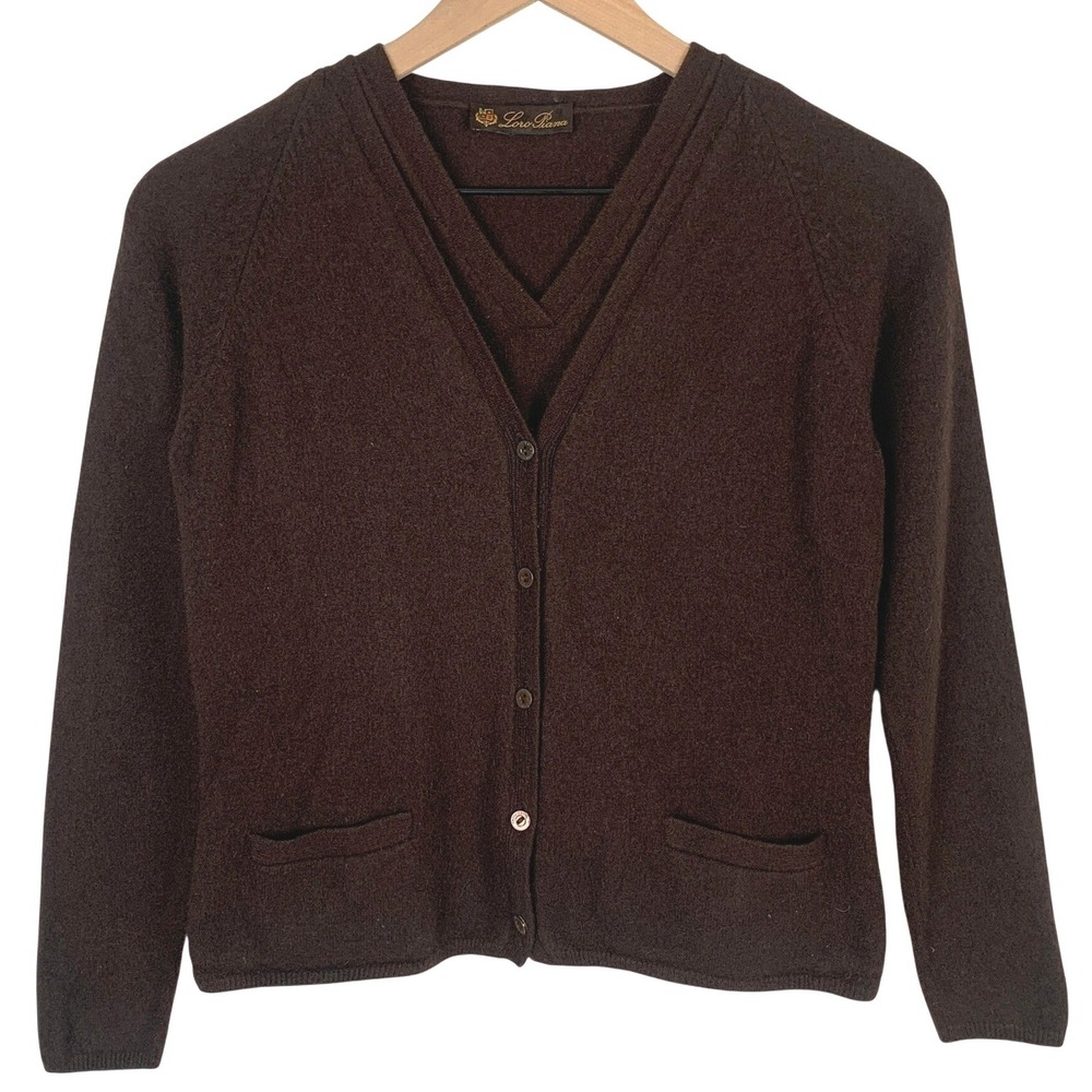 LORO PIANO 100% Cashmere Twin Set Cardigan + Shell Sz 42 S 6 Brown Made in Italy